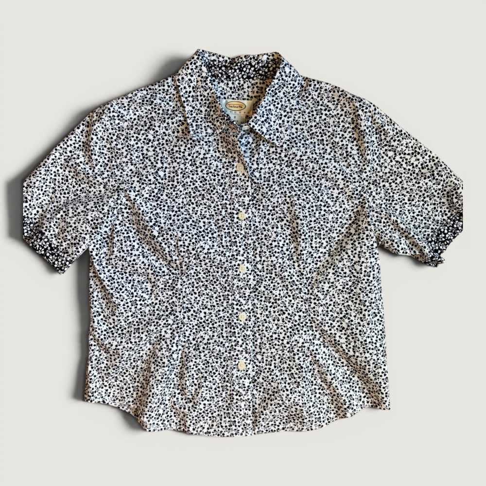 Talbots Petites Womens Small Black White Floral Cotton Short Sleeve Button Down